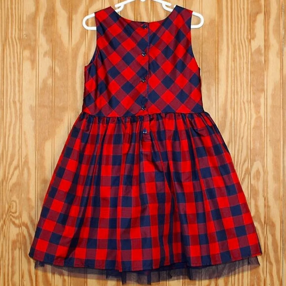 🎀 Cat & Jack Red & Navy Plaid Dress w/ Satin Sash – Size S (6/6X)